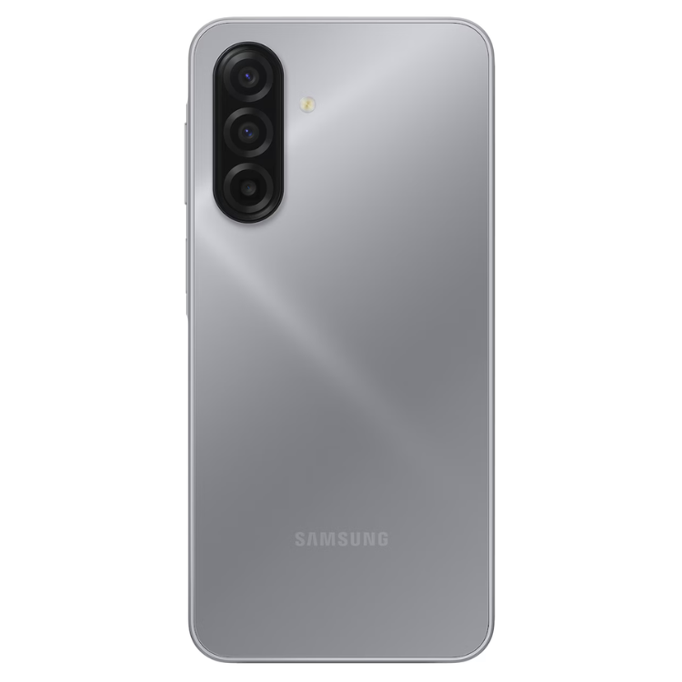 Samsung Galaxy A17 cinzento, smartphone com três câmeras verticais e logotipo SAMSUNG na parte inferior.