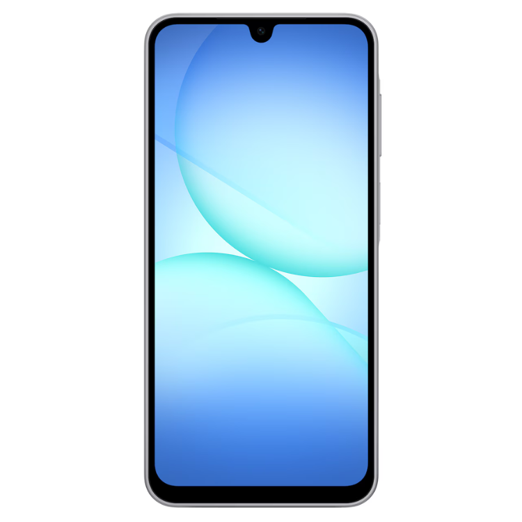 Smartphone Samsung Galaxy A17 cinzento, ecrã com wallpaper azul e preto.