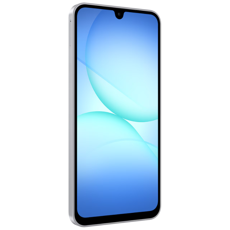 Samsung Galaxy A17 cinzento, smartphone com ecrã azul e moldura prateada.