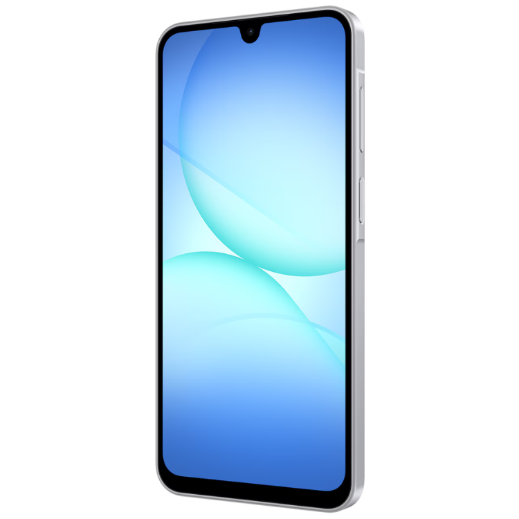 Samsung Galaxy A17 cinzento, smartphone com ecrã de cores vibrantes.