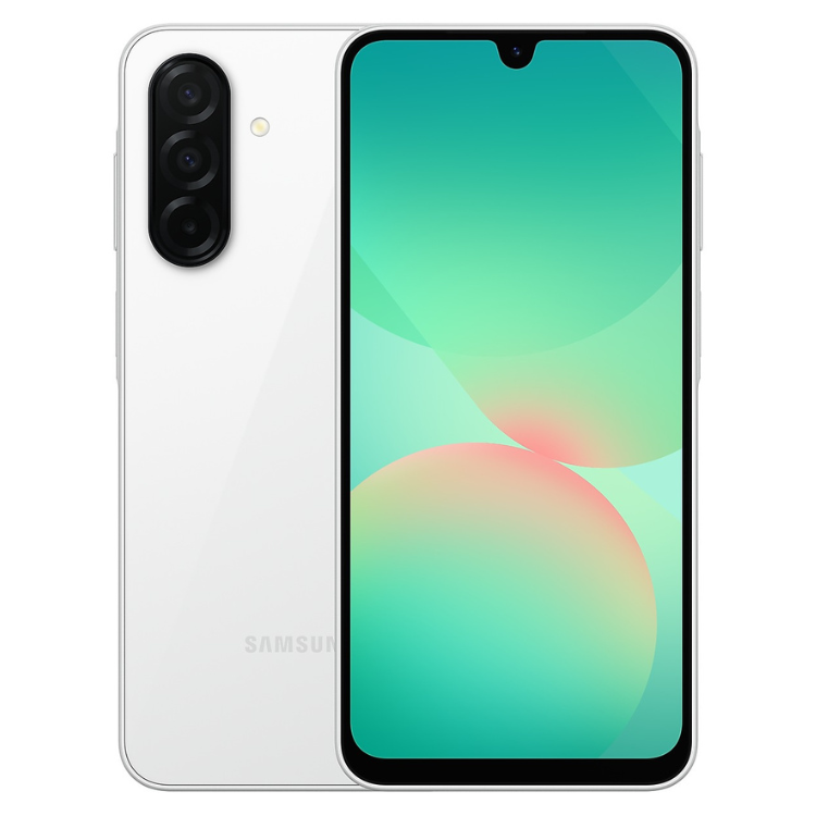 Samsung Galaxy A26 5G branco, 8GB/256GB, câmera tripla e ecrã colorido.