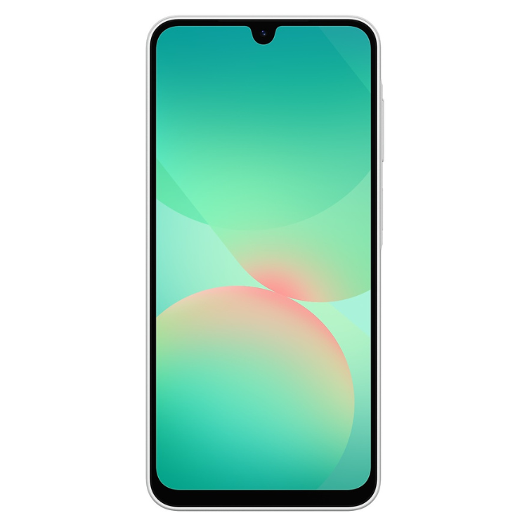 Smartphone Samsung Galaxy A26 5G branco com ecrã de 6.7 polegadas e interface colorida.