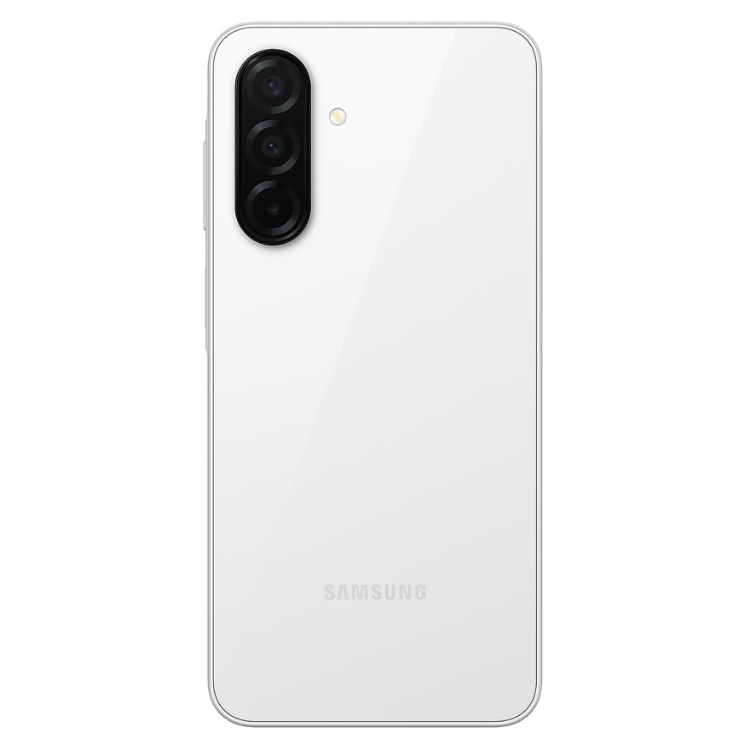 Samsung Galaxy A26 5G branco, vista traseira com três câmeras verticais à esquerda e logótipo SAMSUNG na parte inferior.