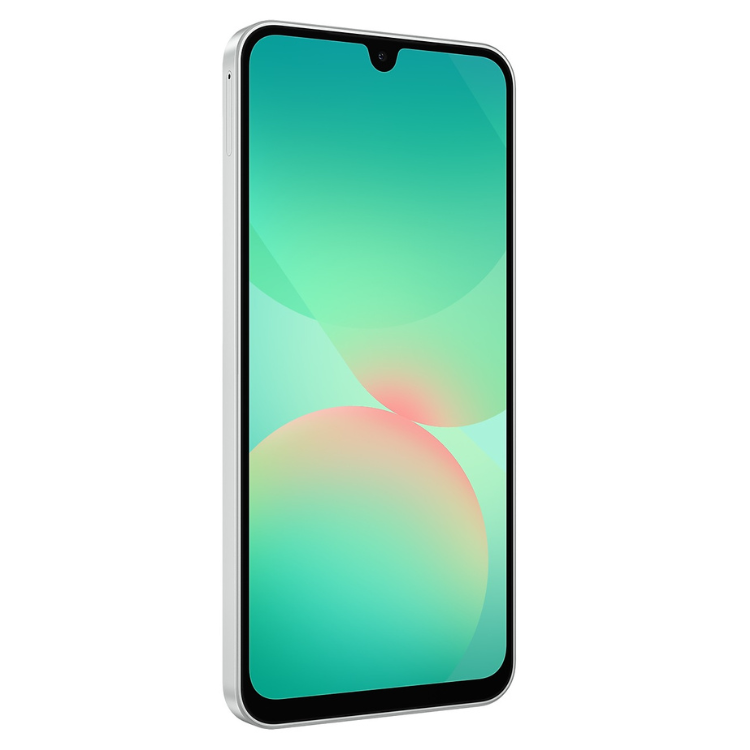 Smartphone Samsung Galaxy A26 5G branco, ecrã colorido com padrão abstrato.