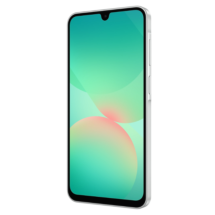 Smartphone Samsung Galaxy A26 5G branco com ecrã colorido.
