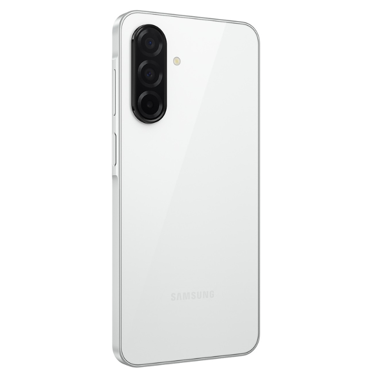 Samsung Galaxy A26 5G branco, vista traseira com câmeras triplas e logotipo SAMSUNG