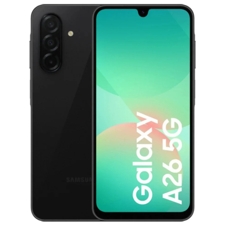 Samsung Galaxy A26 5G preto, 6.7 polegadas, câmara tripla, ecrã ligado.