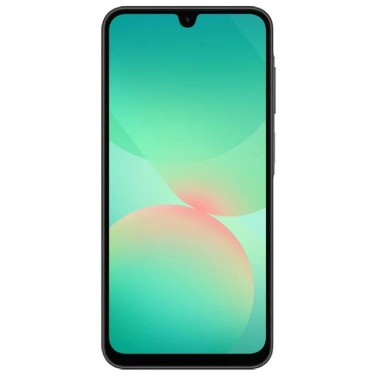 Samsung Galaxy A26 5G, smartphone preto com ecrã de 6.7 polegadas e interface colorida em verde e rosa.