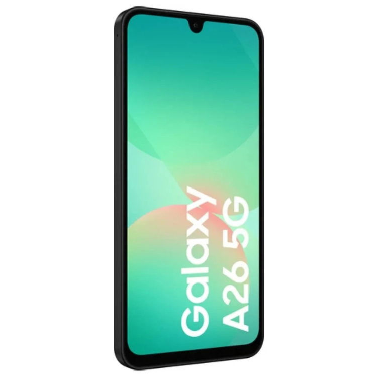 Samsung Galaxy A26 5G, smartphone preto com ecrã de 6.7 polegadas e logótipo na tela.