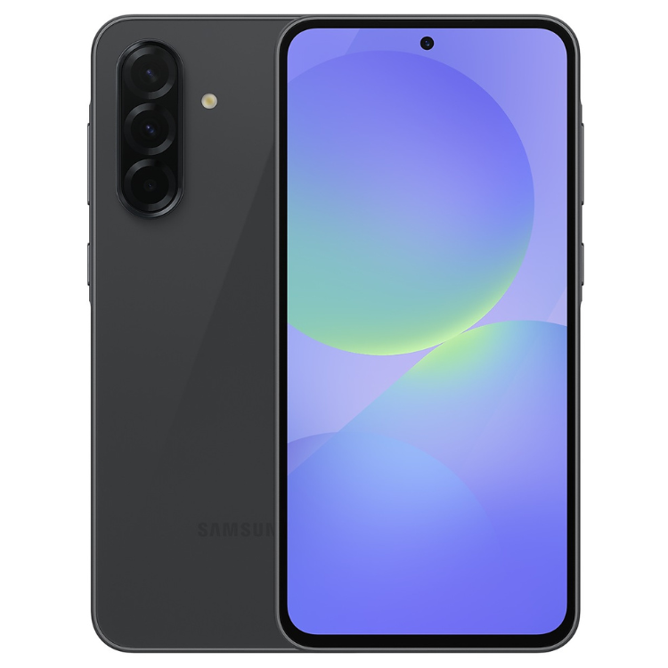 Smartphone Samsung Galaxy A36 5G preto, com três câmeras na parte de trás e ecrã colorido ligado.