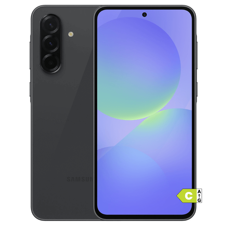 Samsung Galaxy A36 5G preto, smartphone com ecrã ligado mostrando interface colorida e câmeras triplas na parte de trás.