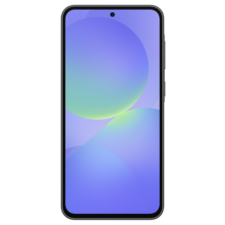 Smartphone Samsung Galaxy A36 5G preto, ecrã com wallpaper azul e verde.