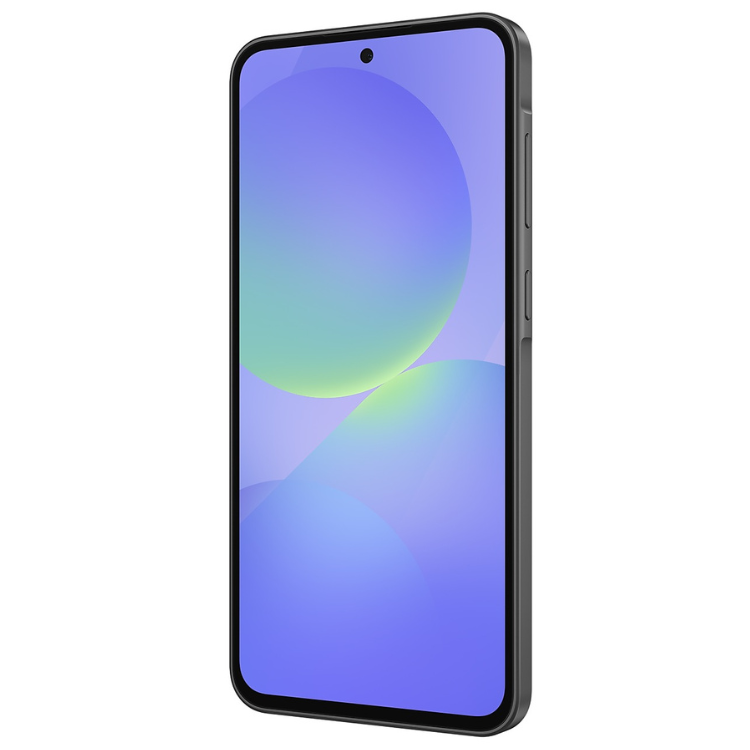 Smartphone Samsung Galaxy A36 5G preto, ecrã com wallpaper azul e verde.