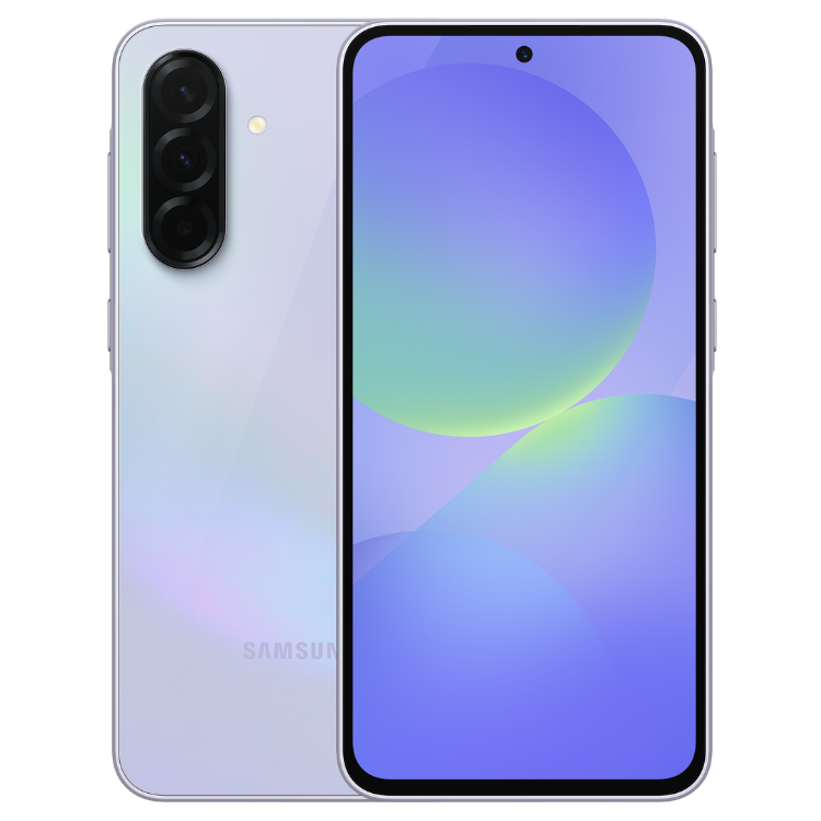 Samsung Galaxy A36 5G, cor lavanda, smartphone com três câmaras traseiras e ecrã ligado.
