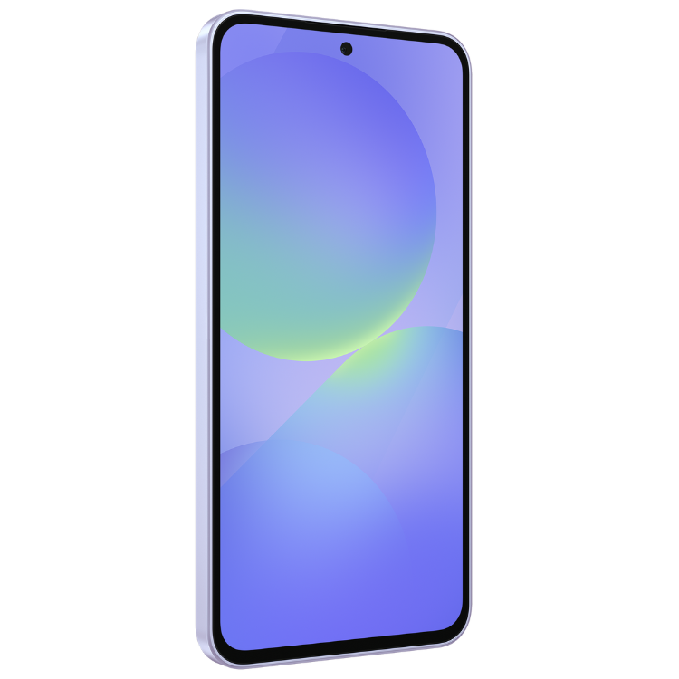 Smartphone Samsung Galaxy A36 5G, cor lavanda, ecrã com wallpaper azul e verde.