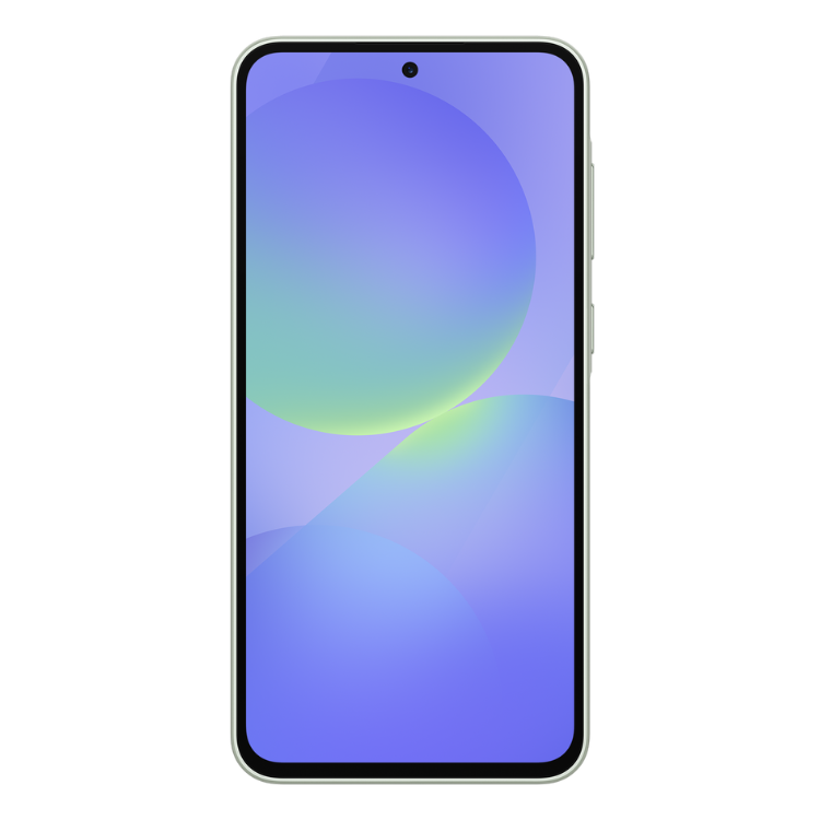 Smartphone Samsung Galaxy A36 5G, ecrã ligado, fundo azul e verde, cor Verde Lima.