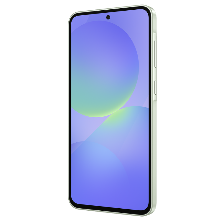 Smartphone Samsung Galaxy A36 5G, cor verde lima, ecrã ligado, fundo azul e verde.