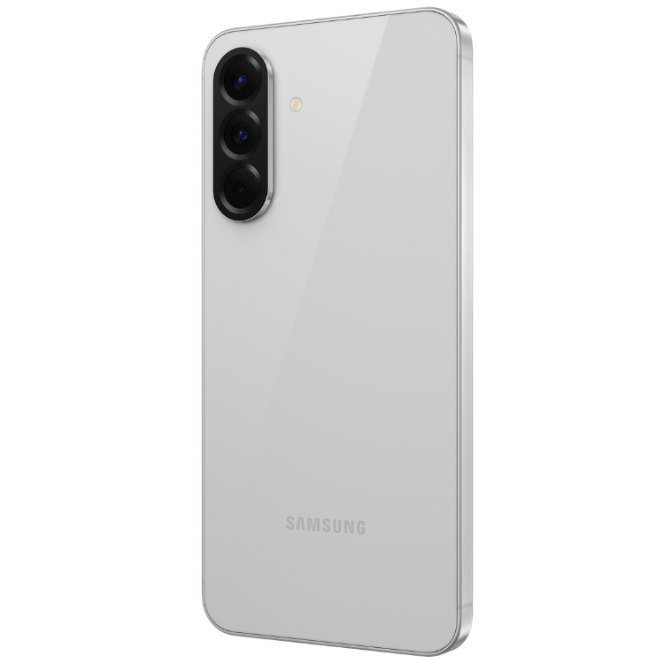 Samsung Galaxy A56 5G, cinzento claro, 8GB/128GB, câmara tripla, logótipo SAMSUNG na parte de trás.