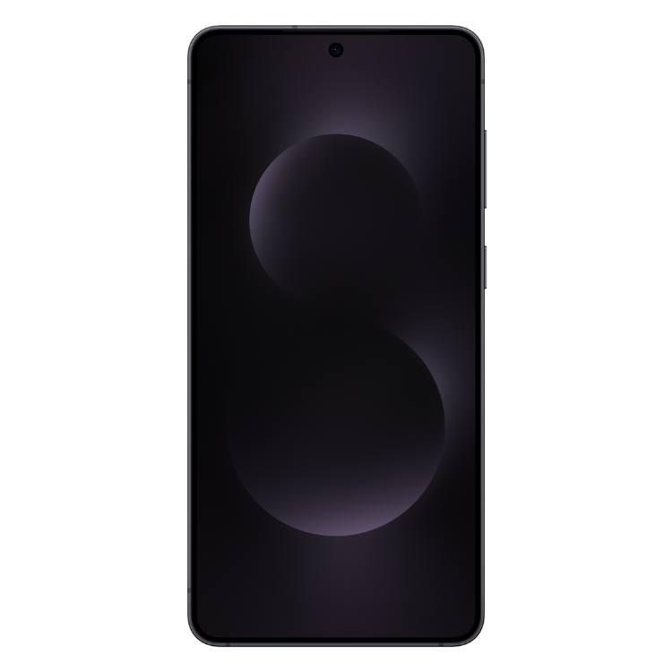 Smartphone Samsung Galaxy S25 Edge preto com ecrã escuro e efeito de iluminação subtil.