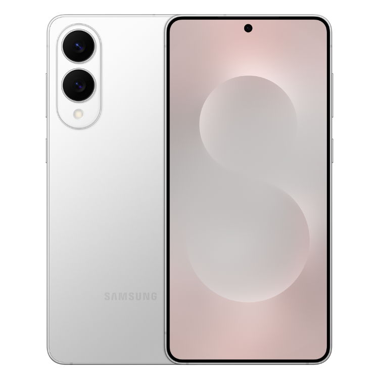 Smartphone Samsung Galaxy S25 Edge prata com duas câmeras traseiras e ecrã rosa.