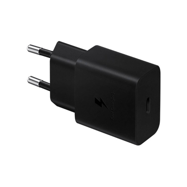 Carregador rápido USB-C Samsung 15W preto com ficha de tomada e logótipo Fast Charging.