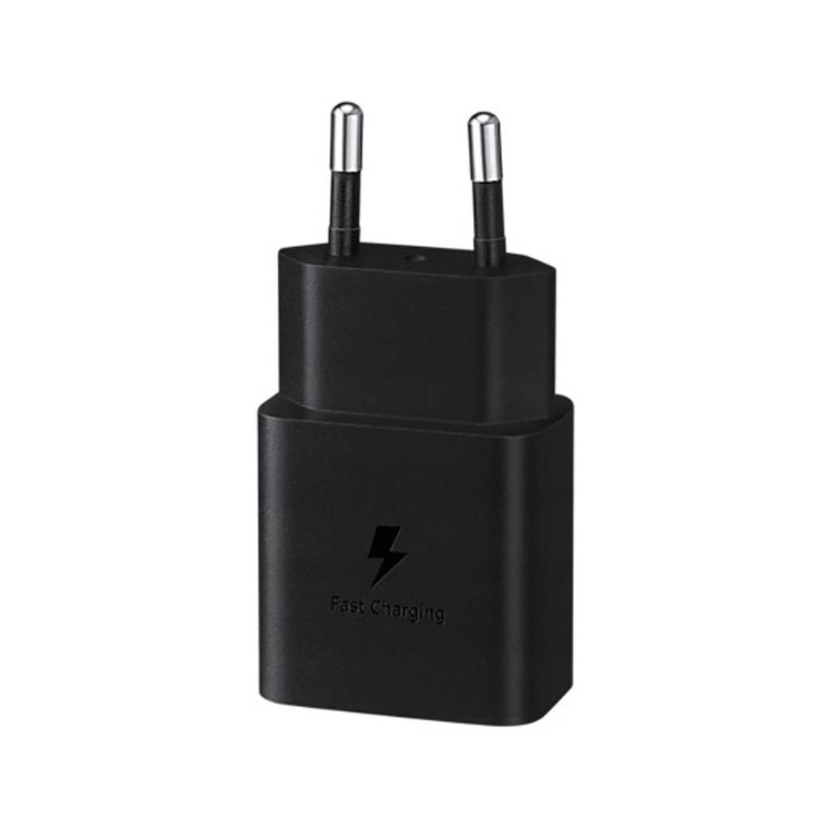Carregador rápido Samsung 15W USB-C preto com ficha de parede e símbolo de carregamento rápido.