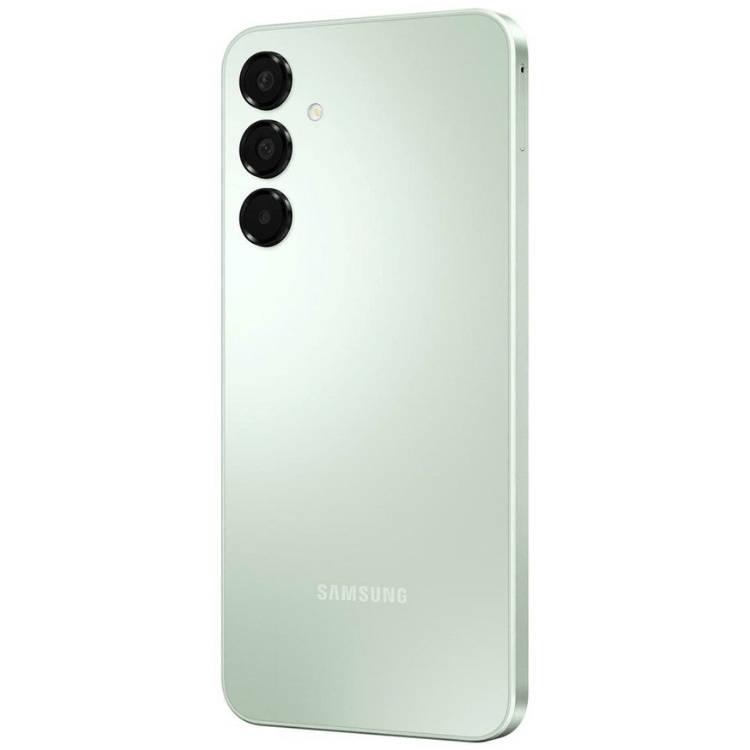 Samsung Galaxy A16 verde, smartphone com três câmaras traseiras.