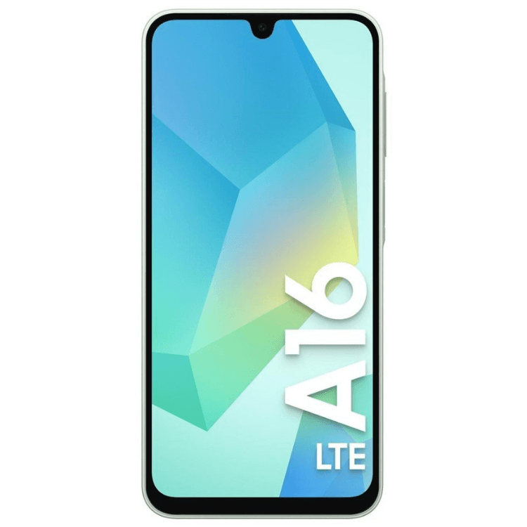 Samsung Galaxy A16, smartphone verde com ecrã colorido e logótipo A16 LTE.