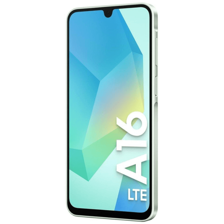 Samsung Galaxy A16, smartphone verde com ecrã colorido e logótipo A16 LTE.