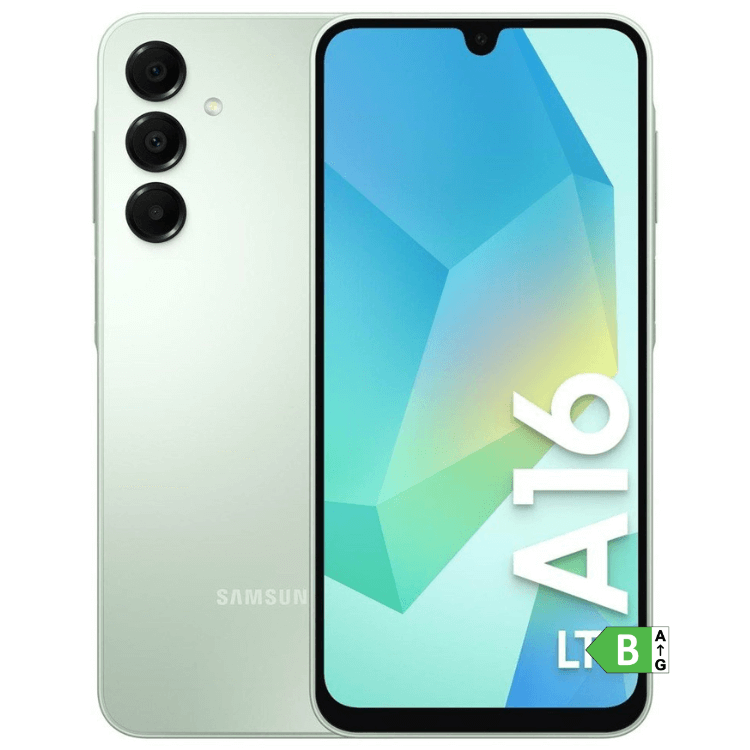 Samsung Galaxy A16 verde, smartphone com três câmeras traseiras e ecrã colorido.