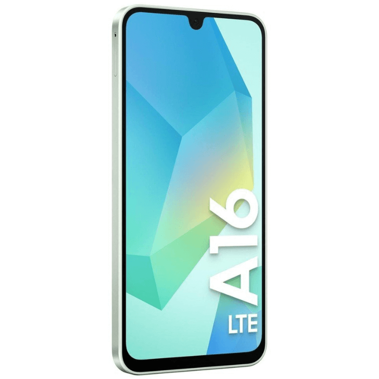 Samsung Galaxy A16, smartphone verde, ecrã colorido com logótipo A16 e LTE.