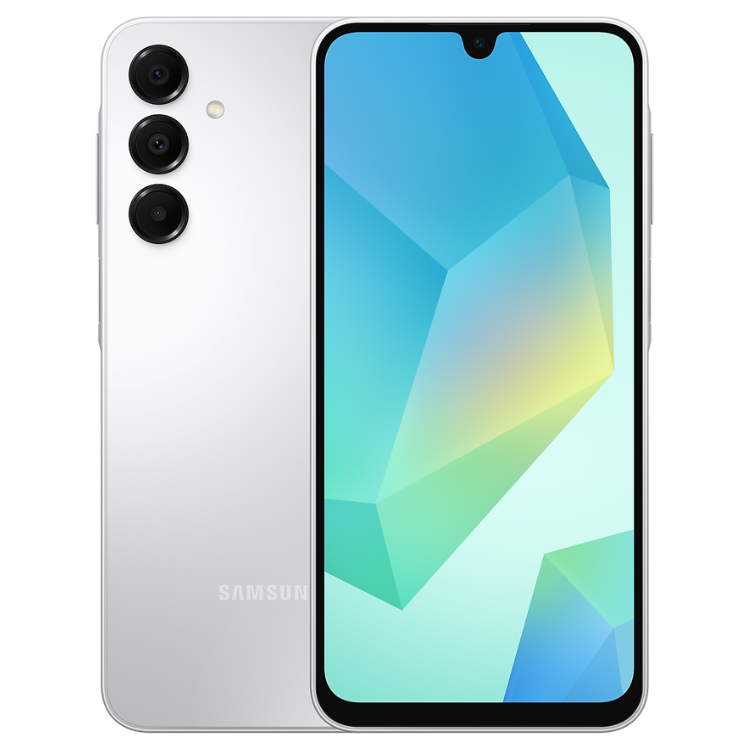 Samsung Galaxy A16 cinzento, smartphone com ecrã tactil colorido, câmaras triplas e logotipo SAMSUNG na parte traseira.