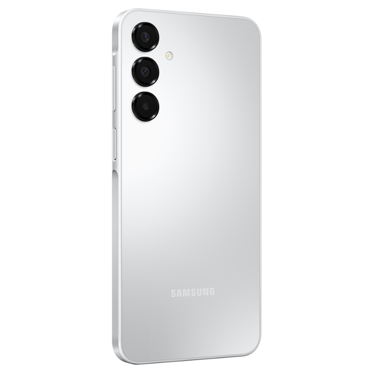 Samsung Galaxy A16 cinzento, smartphone com 3 câmaras traseiras.