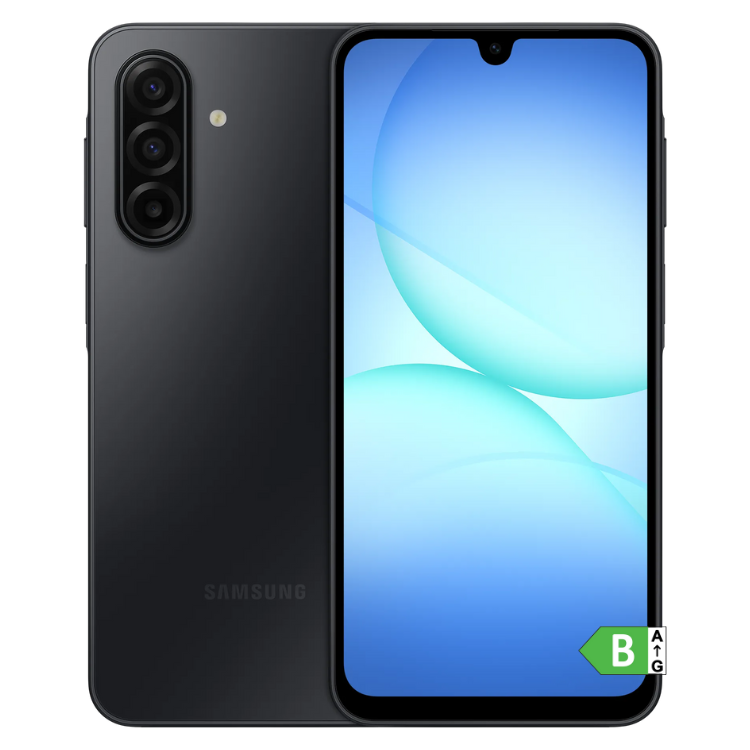 Smartphone Samsung Galaxy A17 5G preto, com três câmeras na parte de trás e ecrã ligado com wallpaper azul.