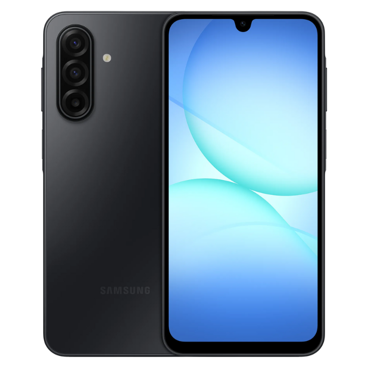 Samsung Galaxy A17 5G preto, smartphone com três câmeras e ecrã a mostrar um wallpaper azul.