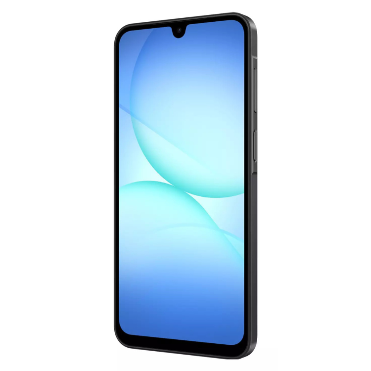 Samsung Galaxy A17 5G preto, smartphone com ecrã azul turquesa e bordos pretos.