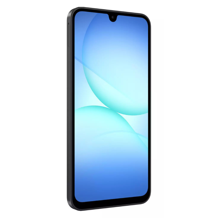 Samsung Galaxy A17 5G preto, smartphone com ecrã azul dégradé.