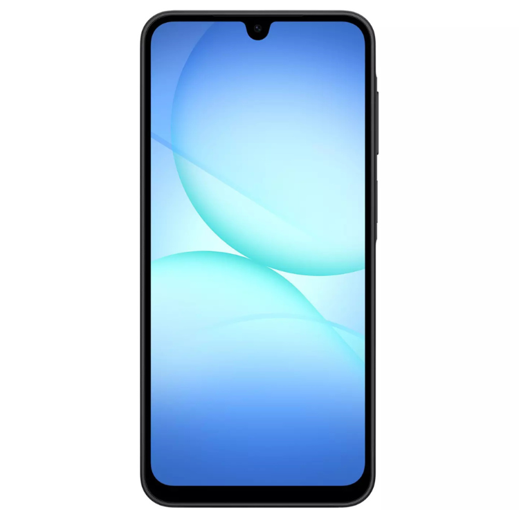 Samsung Galaxy A17 5G preto, ecrã com wallpaper azul turquesa e degradé, bordos finos e preto.