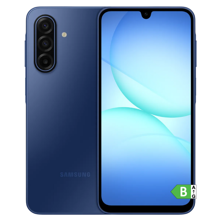 Samsung Galaxy A17 5G azul, 4GB/128GB, vista frontal e traseira.