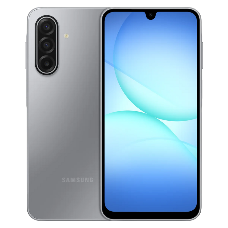 Smartphone Samsung Galaxy A17 5G cinzento, com 3 câmeras na parte de trás e ecrã de 6.7 polegadas com imagem azul.
