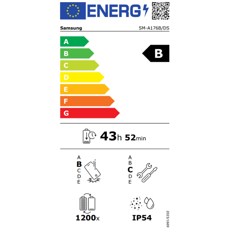 Etiqueta energética do Samsung com classificação B, bateria de 43 horas e 52 minutos.