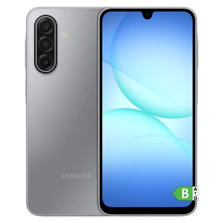 Smartphone Samsung Galaxy A17 5G cinzento, com três câmeras verticais na parte de trás e ecrã de azul claro.