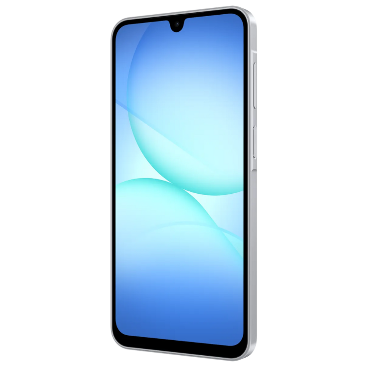 Smartphone Samsung Galaxy A17 cinzento com ecrã azul e bordos prateados.