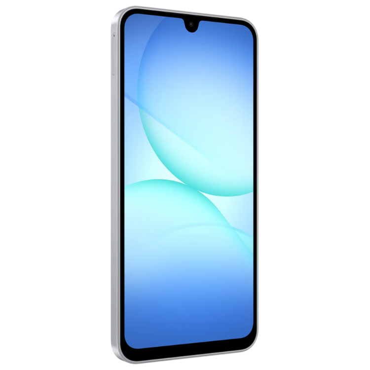 Samsung Galaxy A17 5G cinzento com ecrã de 6.7 polegadas e interface azul.