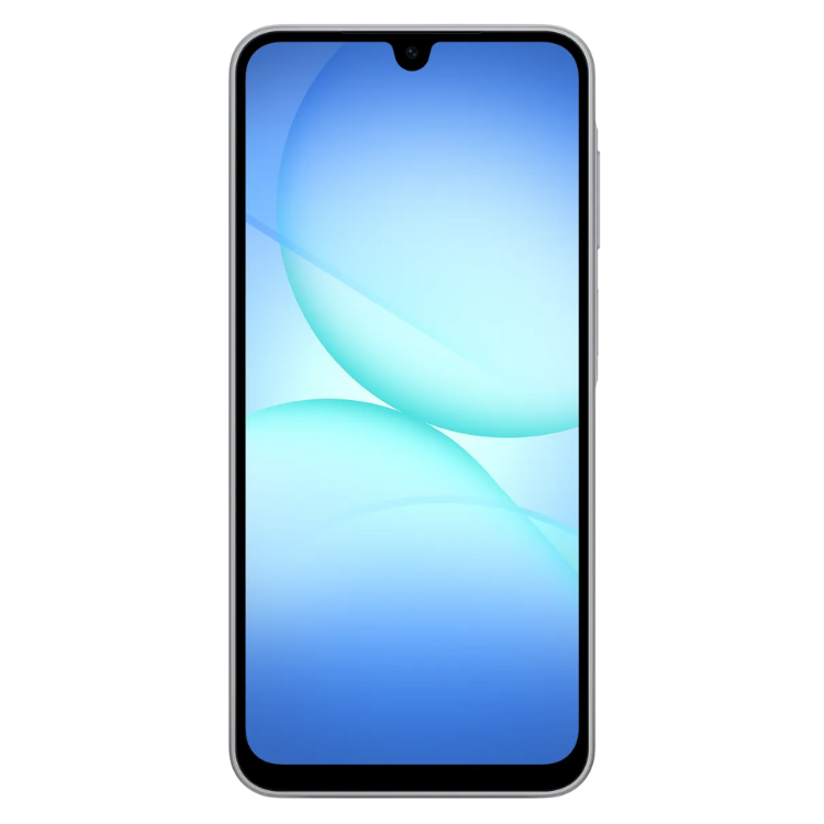 Smartphone Samsung Galaxy A17 cinzento com ecrã de azul a verde claro.