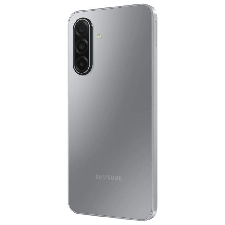 Samsung Galaxy A17 5G cinzento, smartphone com três câmaras verticais e marca SAMSUNG na parte inferior.