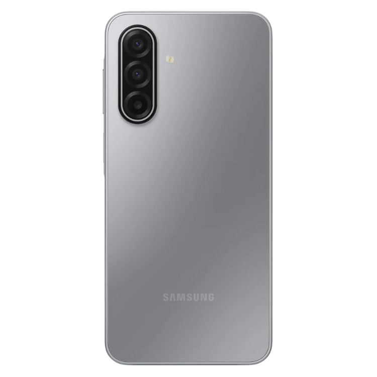 Samsung Galaxy A17 5G cinzento, vista traseira com três câmeras verticais à esquerda e logotipo SAMSUNG em baixo.