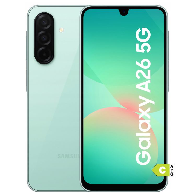 Samsung Galaxy A26 5G verde, smartphone com câmara tripla e ecrã colorido.