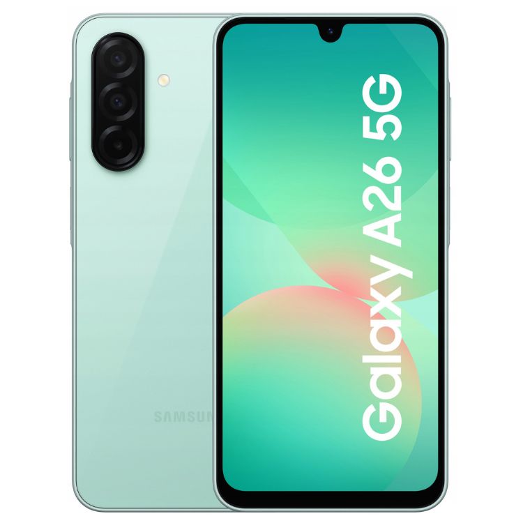 Samsung Galaxy A26 5G verde, smartphone com câmara tripla e ecrã colorido.