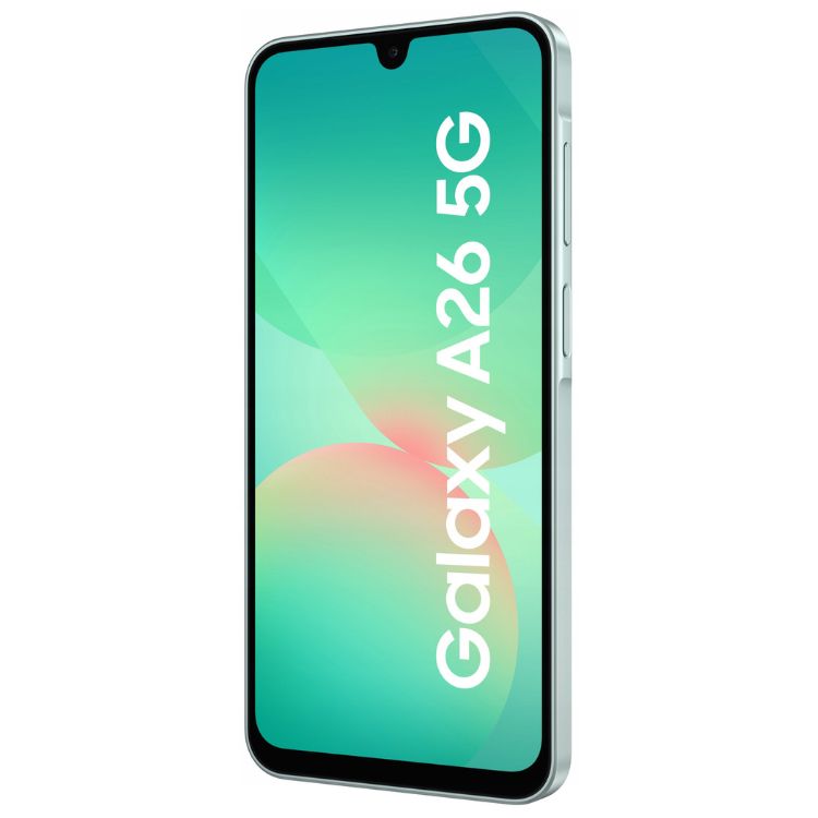 Samsung Galaxy A26 5G, smartphone verde com ecrã ligado.